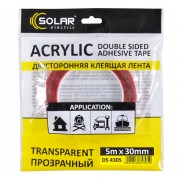 Лента клейкая двусторонняя SOLAR DS4305, акрил, 30ммx5м, прозрачная